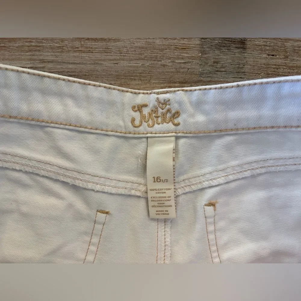 Justice Girls 16 1/2 White Distressed Jean Shorts USA Flag Pockets Stars Stripes